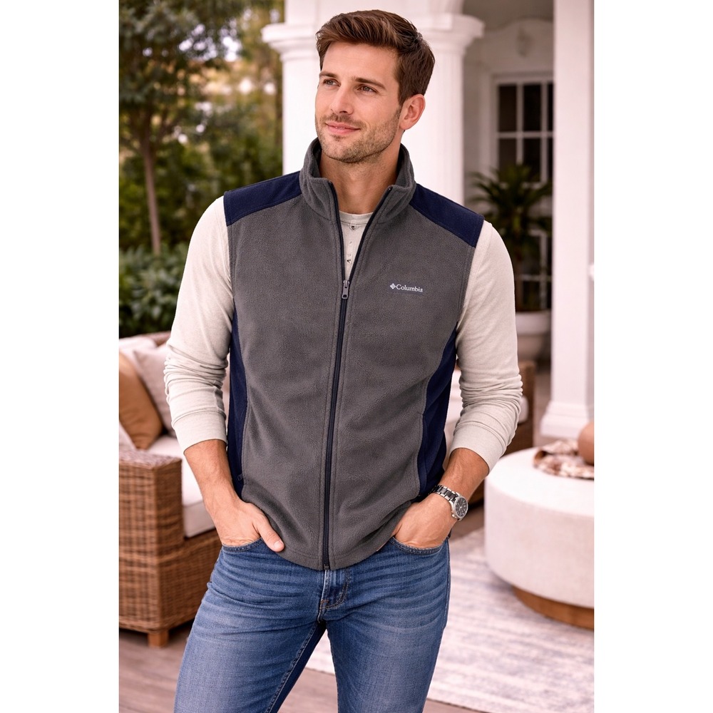 Columbia Mens Fleece Vest Gray Black Full Zip Outdoors Hiking Size Small N110